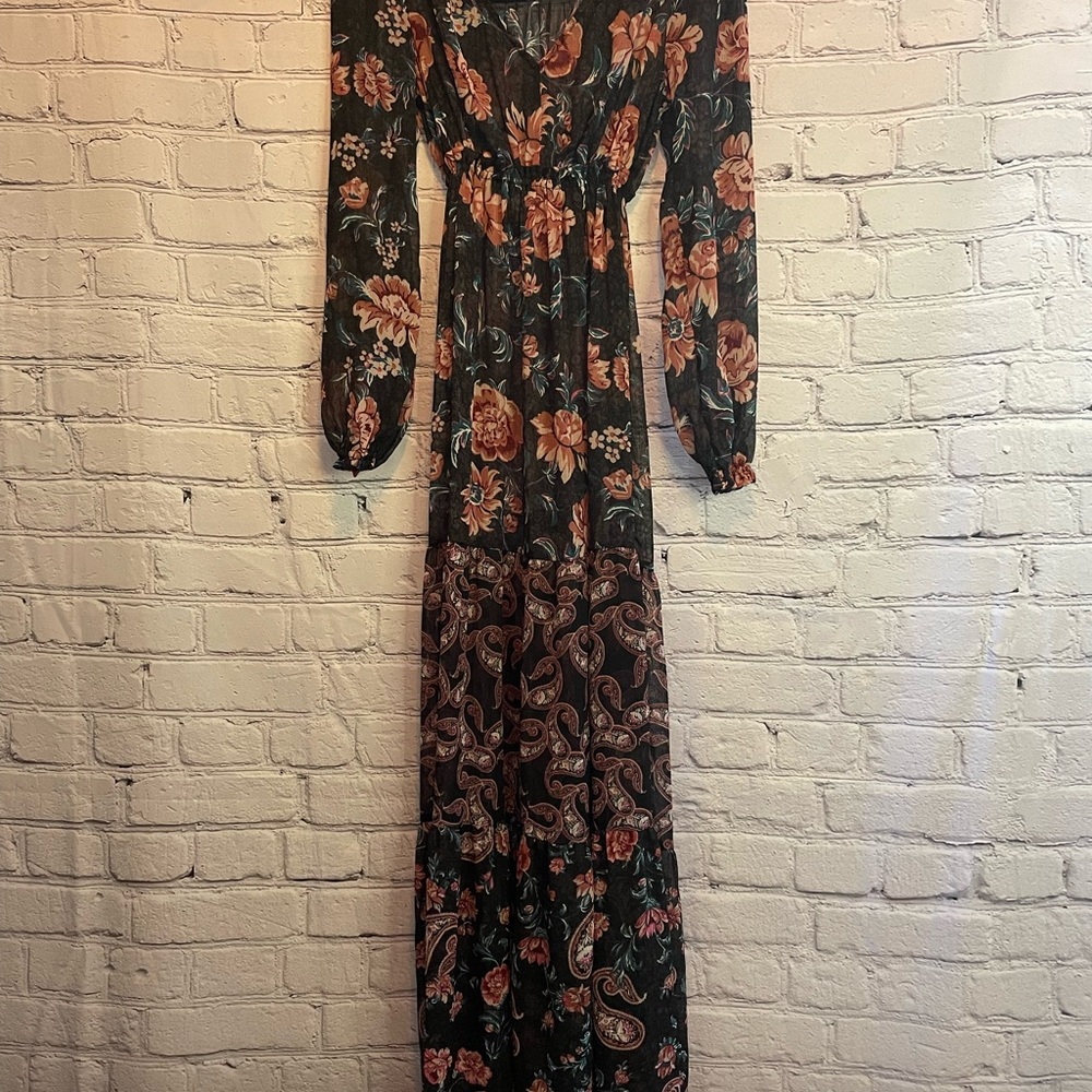 Wonderly Black and Orange Sheer Floral Long Sleeve Dress